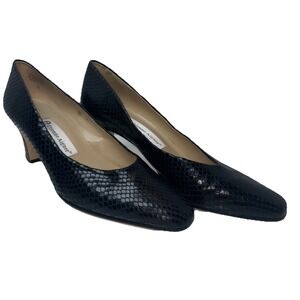 Vtg Etienne Aigner Taylor Leather Snake Skin Black Pumps Low Heel 8M Square Toe